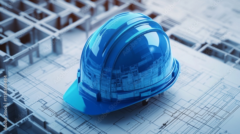 Aufkleber A blue hard hat is placed on detailed construction plans, symbolizing the intersection of architecture and real estate development. This scene reflects precision in planning and design.