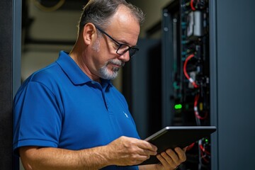 Fototapeta premium Data Center Technician Analyzing Server Systems