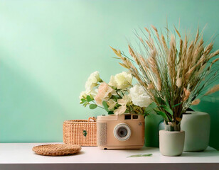 Bright flowers in vases and a vintage camera sit on a wooden table. The backdrop features a calming green wall, creating a cheerful and stylish atmosphere