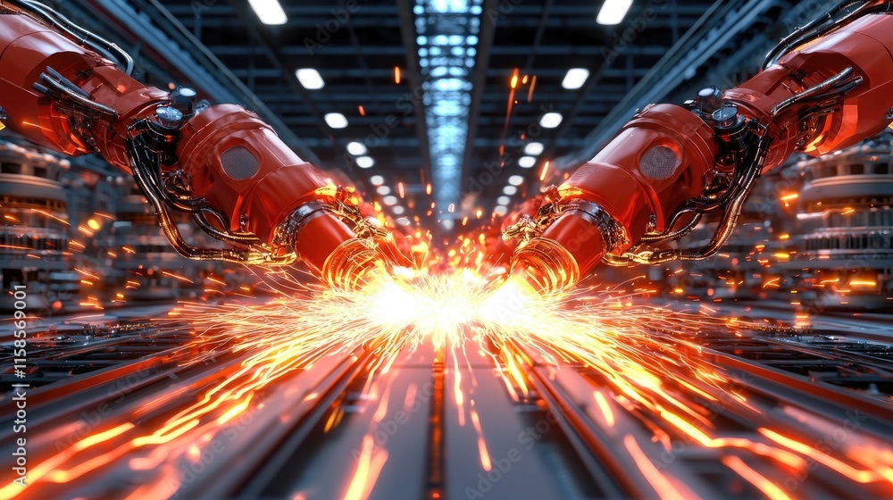 Poster industrial automation sparks innovation robotic arms engaging in precision manufacturing factory set