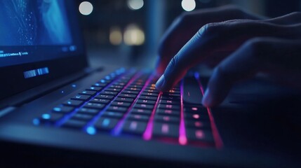 Close-Up of Fingers Typing on Backlit Laptop Keyboard