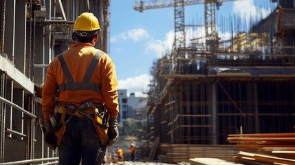 A construction worker in a hard hat and safety gear stands on a building site, overseeing the progress of new real estate development. Surrounding cranes and workers indicate active construction.