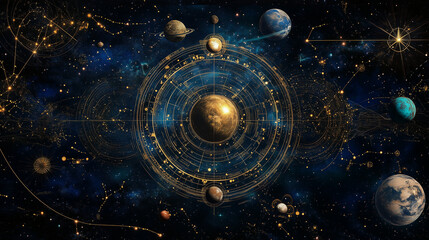 Okrągły wykres horoskopowy z dokładnymi pozycjami planet, podziałem na dwanaście domów i zodiak, otoczony delikatnym blaskiem gwiaździstego nieba, tworzący harmonijną i kosmiczną kompozycję.