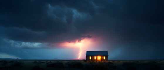 Fototapeta premium Dramatic Lightning Striking Near a Remote House Under Dark Stormy Sky at Dusk