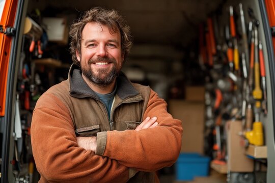 Handyman Smiling in Workshop Home Garage Portrait Indoor Close-up DIY Enthusiasm