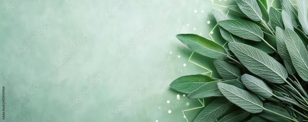 Poster sage leaves abstract background concept. fresh green leaves arranged on a soft green background, sym