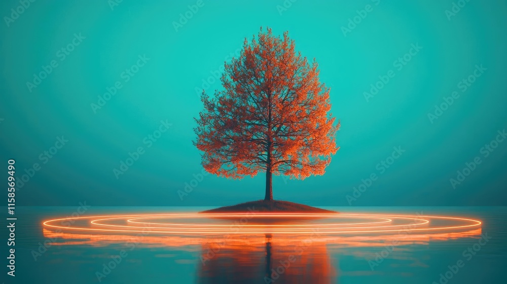 Poster pine tree abstract background idea. a solitary tree illuminated by vibrant light against a serene te