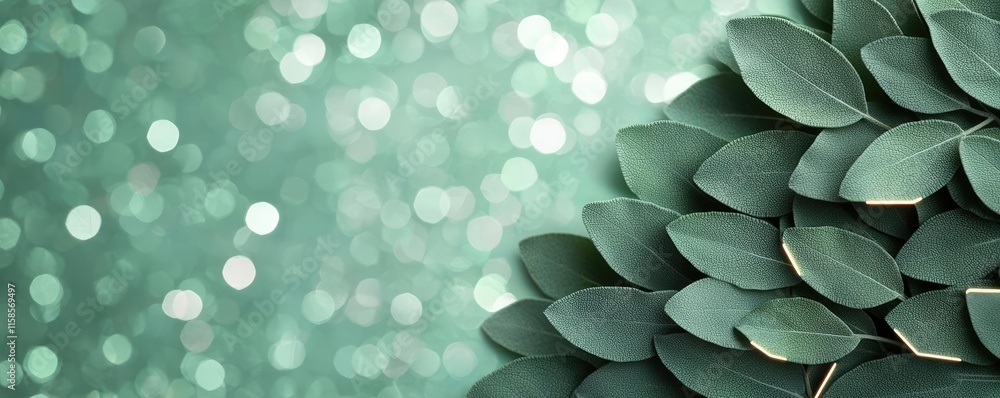 Poster sage leaves abstract background concept. a close-up of green leaves with a sparkling background, sym