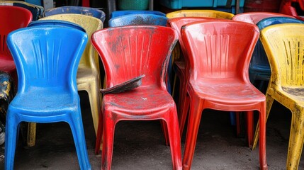 Colorful Plastic Chairs in Vibrant Blue, Red, and Yellow Arrangements