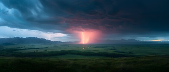 Naklejka premium Majestic Thunderstorm with Lightning Striking Over Green Landscape During Dramatic Evening Sky