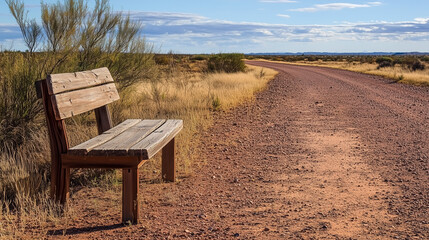 Obraz premium Prosta drewniana ławka stojąca obok drogi z ziemi, tworząca cichą i nostalgicznie nastrojową scenerię w naturalnym otoczeniu.