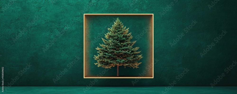 Aufkleber Pine tree abstract background idea. A beautiful pine tree in a golden frame against a deep green background.