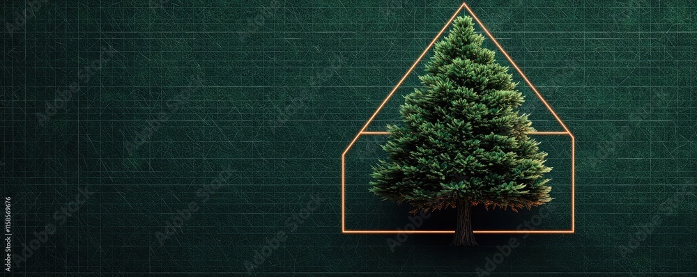 Poster Pine tree abstract background idea. A minimalist illustration of a tree within a geometric frame on an elegant background.