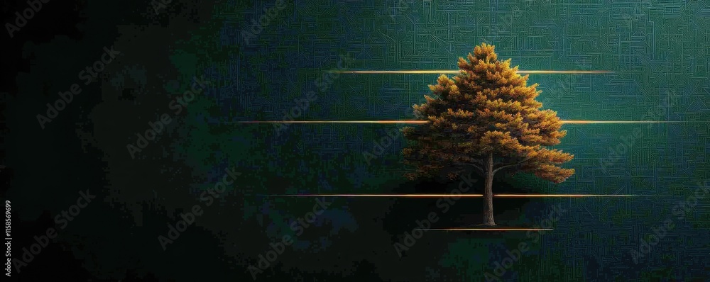 Poster Pine tree abstract background idea. Artwork featuring a stylized tree against a dark atmospheric background.