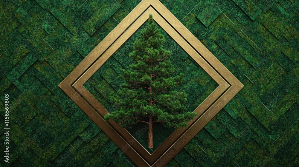 Poster Pine tree abstract background idea. Stylized tree emerging from a geometric frame on a textured green background.