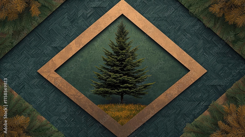Poster Pine tree abstract background idea. A beautifully illustrated evergreen tree framed with artistic design elements.
