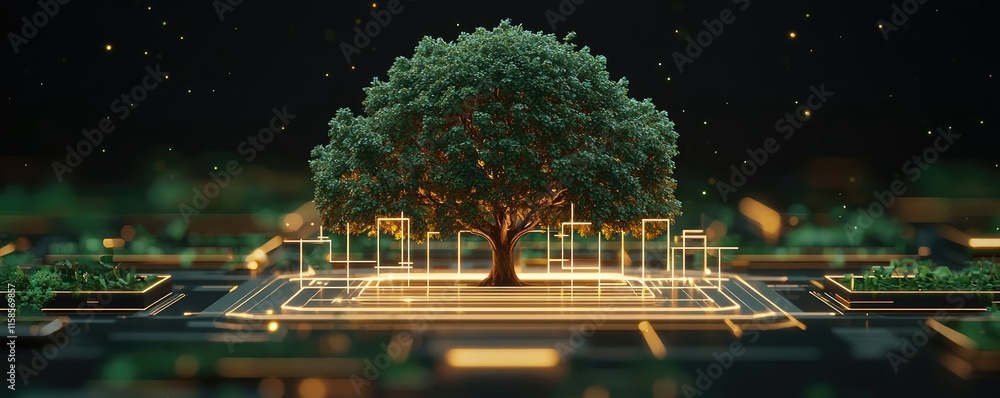 Poster Plane tree abstract background idea. A tree centered on a circuit board, symbolizing the merge of nature and technology.
