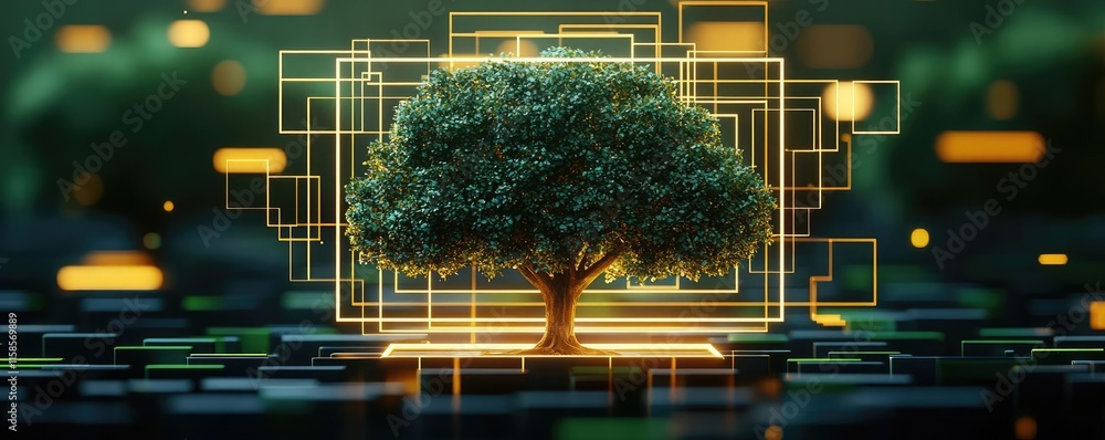 Aufkleber Plane tree abstract background idea. A digital tree symbolizing growth and technology in a vibrant environment.