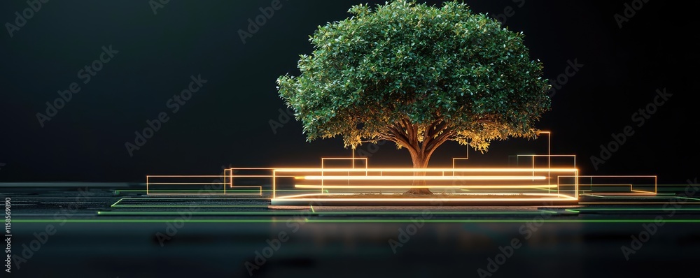 Poster Plane tree abstract background idea. A digital tree conceptualizing nature's connection with technology and sustainability.