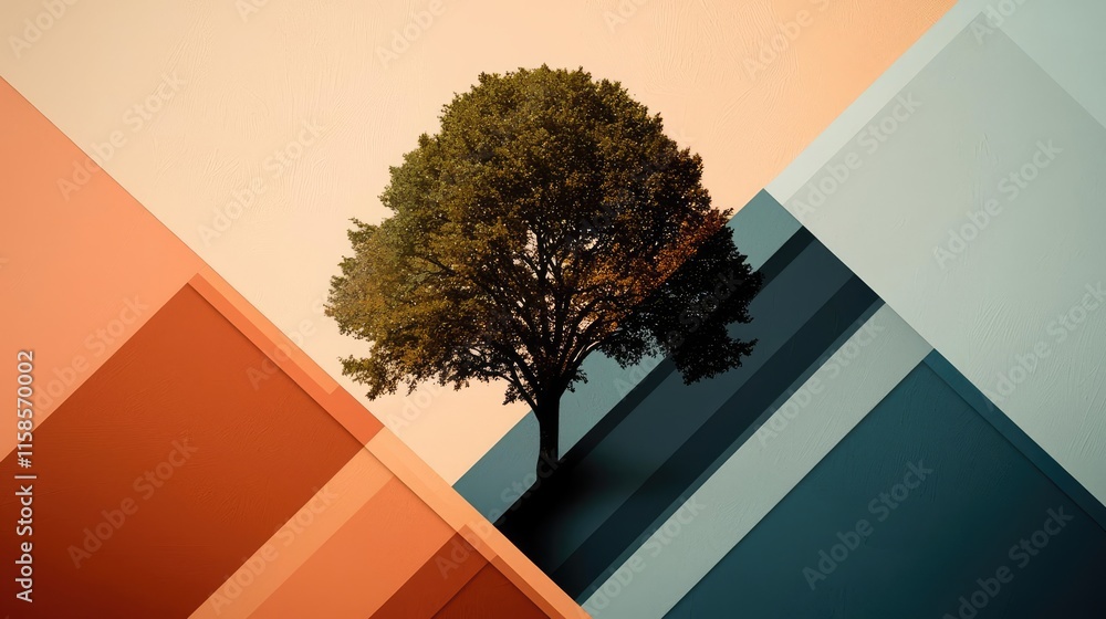 Poster Plane tree abstract background idea. A solitary tree stands against a backdrop of vibrant geometric shapes and colors.