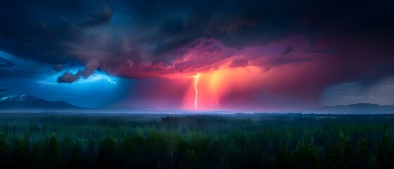 Naklejka premium Dramatic Thunderstorm with Lightning Strikes Over a Lush Forest Landscape at Dusk