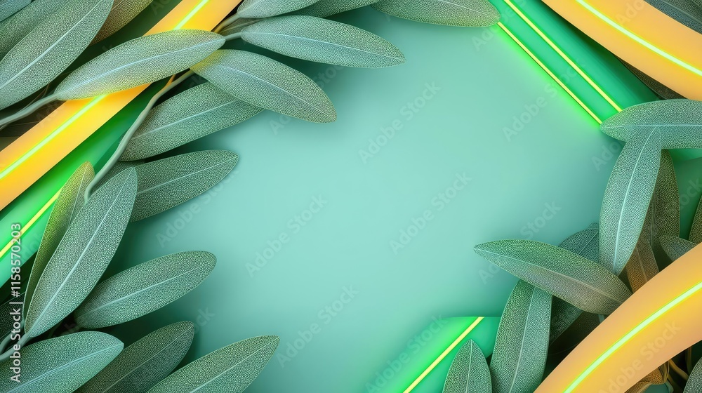Poster sage leaves abstract background concept. vibrant green leaves with neon accents create a stylish and