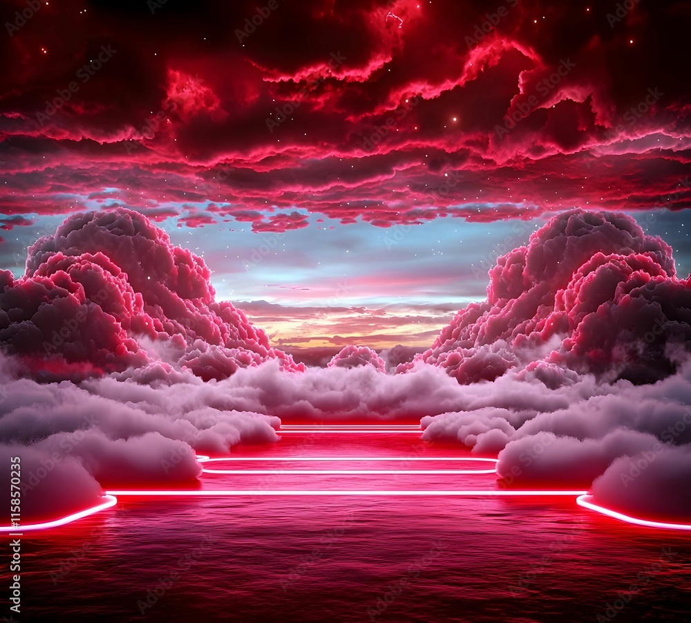 Poster interconnected digital clouds, a vibrant network of data nodes forming a complex web in a futuristic