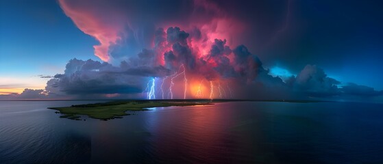 Dramatic Thunderstorm Over Calm Waters at Sunset with Lightning Strikes and Colorful Cloud Formation
