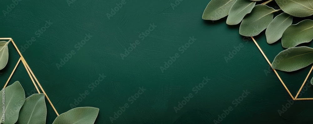 Poster sage leaves abstract background concept. elegant green leaves on a dark background with golden geome