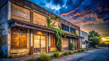 Abandoned Grocery Store Dusk Wide Angle Photography - boarded up, eerie, urban decay