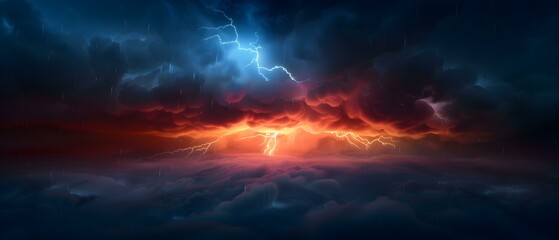 Fototapeta premium Dramatic Stormy Sky with Lightning and Clouds Illuminated by Fiery Sunset Colors Over a Dark Horizon