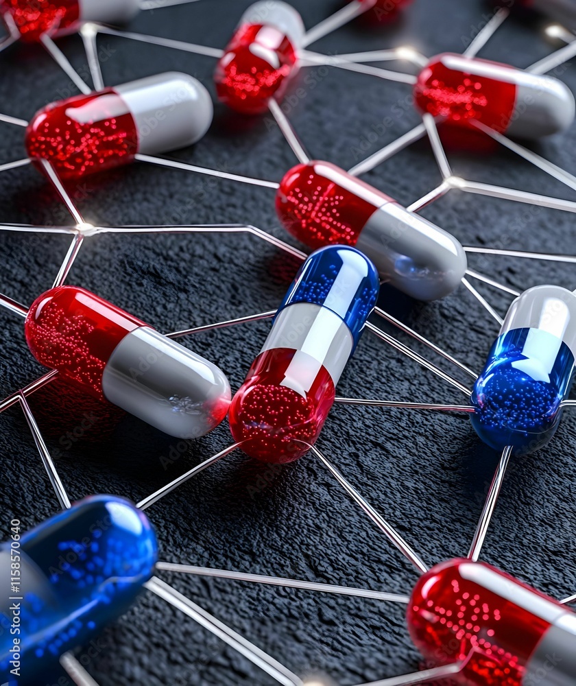 Poster digital pills merging with a neural network, symbolizing the intersection of technology and healthca