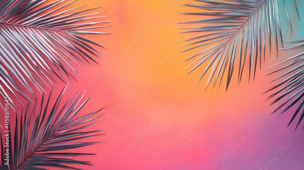 Aufkleber palm leaves abstract background concept. vibrant palm leaves framing a colorful gradient sunset back