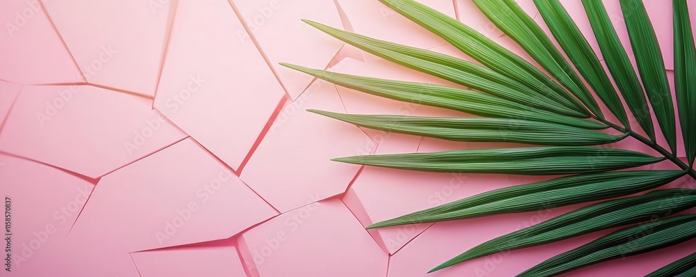 Poster palm leaves abstract background concept. a vibrant green palm leaf resting on a textured pink backgr