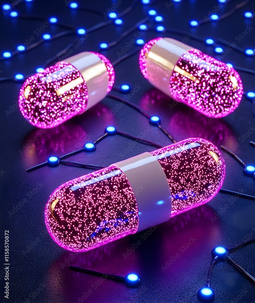 Poster digital pills merging with neural networks, showcasing the future of healthcare technology and artif