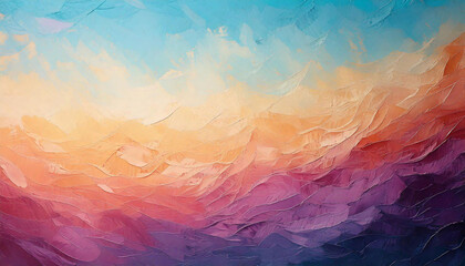 An abstract artwork features a vibrant blend of colors transitioning from warm oranges and pinks to cool blues. This piece evokes the feeling of a serene sunset over a horizon filled with texture