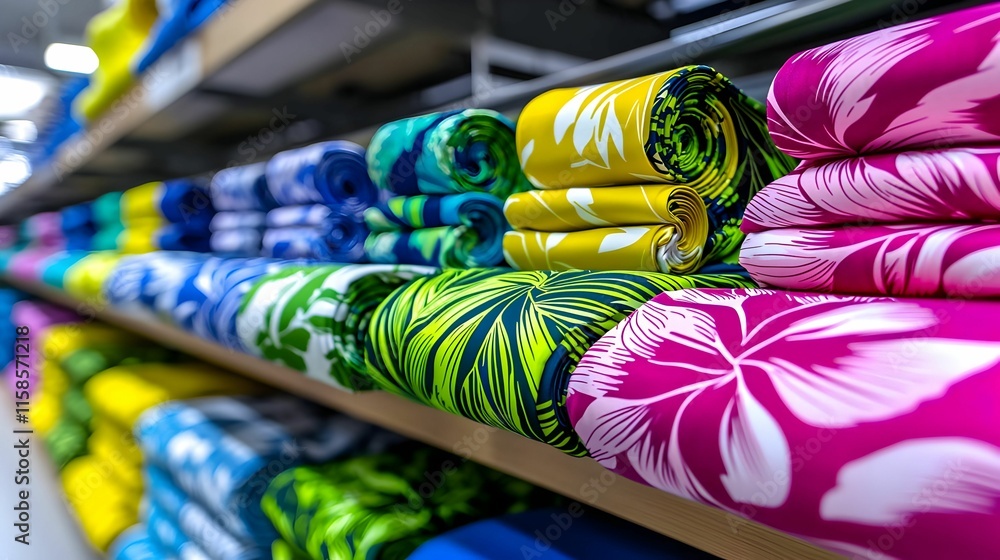 Poster vibrant digital textile printing process, showcasing advanced machinery creating colorful patterns o