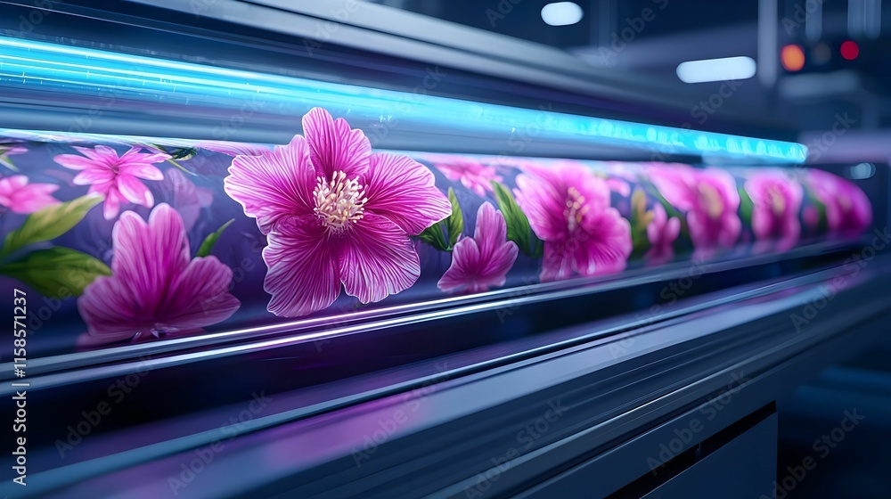 Poster digital textile printers creating vibrant patterns, showcasing innovative designs and advanced techn