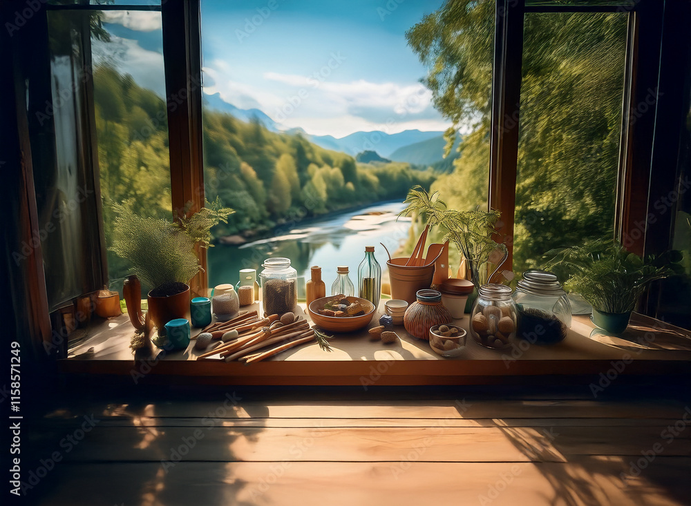 Poster serene view from a window overlooking a river flowing through a lush green valley. various jars and 