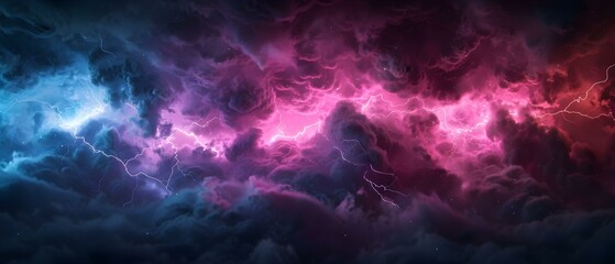 Naklejka premium Dramatic Stormy Sky with Dark Clouds, Vivid Lightning Strikes and Colorful Background Effects in Blue, Pink, and Purple Shades