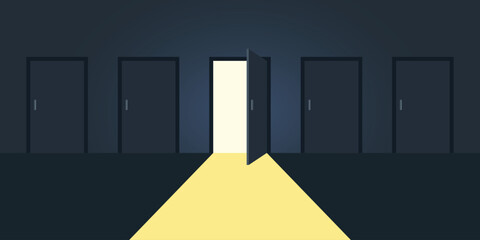 Open door with light icon in flat style. Dark room vector illustration on isolated background. Doorway entrance sign business concept.