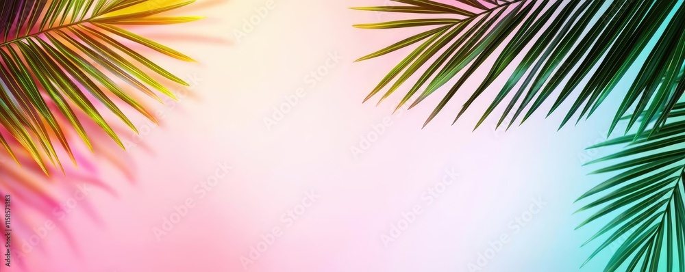 Poster palm leaves abstract background concept. vibrant tropical leaves frame a colorful, gradient backgrou