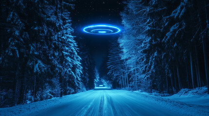 UFO przelatuje nad pustą drogą nocą, oświetlając zaśnieżony las jasnym, niebieskim światłem, tworząc tajemniczą i niepokojącą atmosferę.