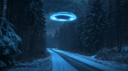 UFO przelatuje nad pustą drogą nocą, oświetlając zaśnieżony las jasnym, niebieskim światłem, tworząc tajemniczą i niepokojącą atmosferę.
