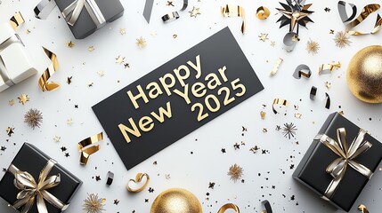 Festive New Year scene with gifts and decorations celebrating 2025.