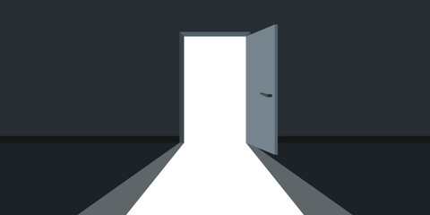 Open door with light icon in flat style. Dark room vector illustration on isolated background. Doorway entrance sign business concept.