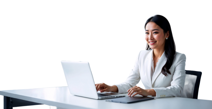 Smiling Mature Businesswoman Managing Digital Projects
Middle-Aged Professional Executive Working on Laptop in Office. Isolated transparency PNG format