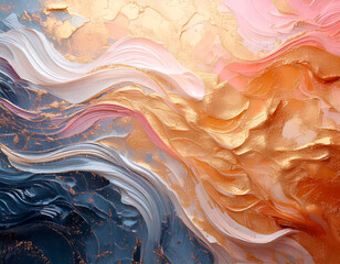 Vivid swirls of color create an abstract display, showcasing flowing textures in shades of blue, pink, orange, and gold that evoke a sense of movement and depth