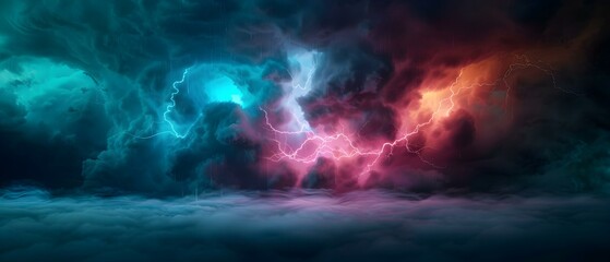 Dramatic Storm Sky with Colorful Lightning and Electric Blue Clouds at Dusk Over a Foggy Landscape