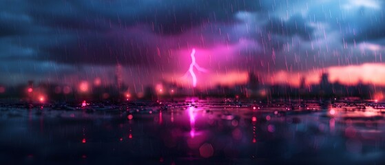 Fototapeta premium Dramatic Lightning Strikes Over Rainy Urban Landscape at Dusk with Vibrant Colors and Reflections on Wet Surface